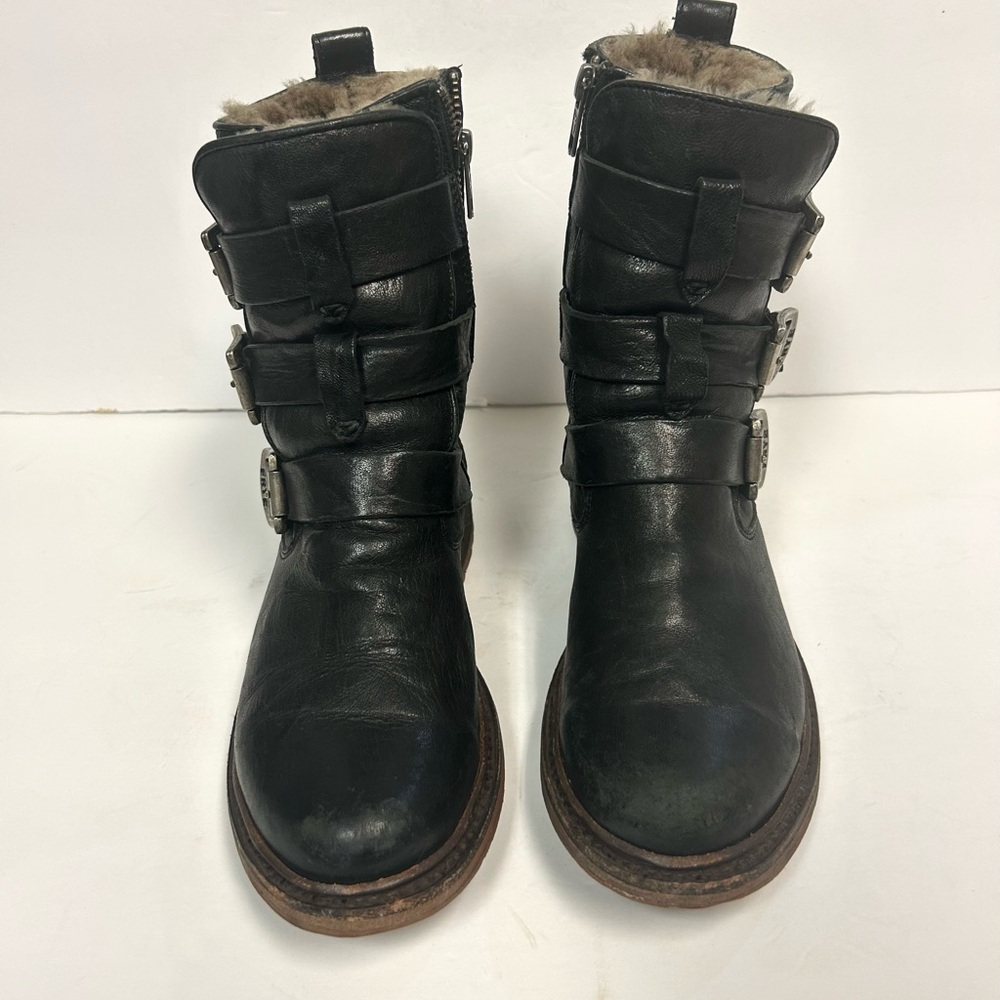 Frye Boots Valerie Women's Strappy Sz 6 Black Leather Shearling Moto Buckle - Picture 6 of 16